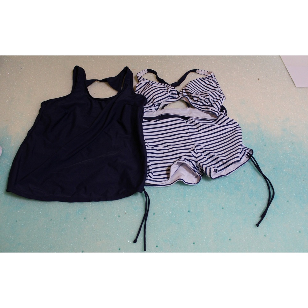 Yonique Womens 3 Piece Tankini Set Navy Blue Striped Bikini Boy Shorts Size M